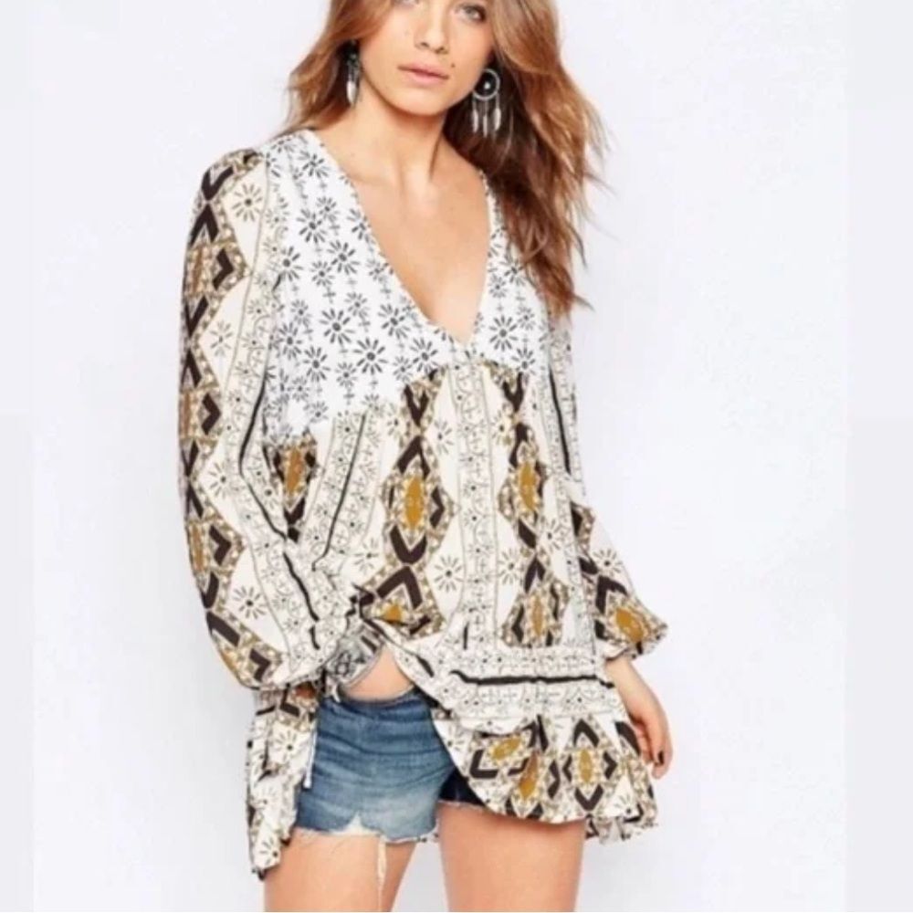 Free People Bohemian Print V-Neck Blouse Down By The Bay Tunic Top Extra Small